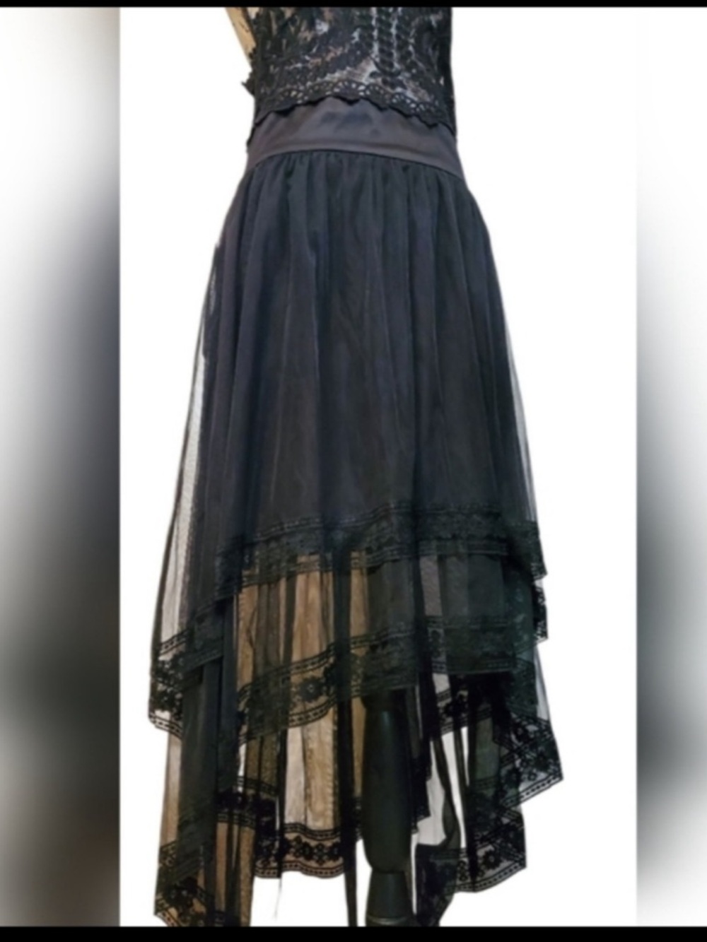 Bebe Black Crystal Bloom Embroider Tulle Lace Halter Dress goth witchy - Picture 4 of 7